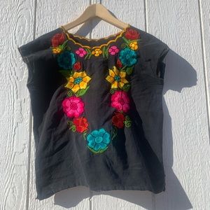 Vintage Washed Black Bright Floral Embroidered Top